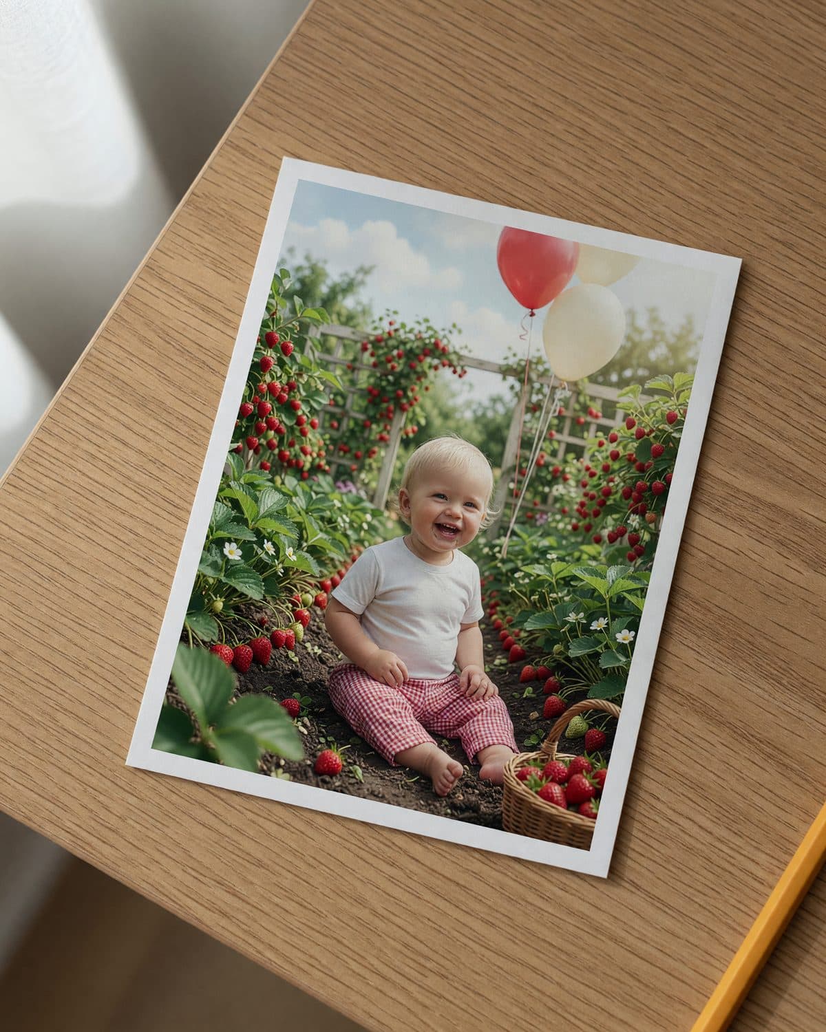 A printed berry garden invitation lying flat on a wooden table, seen from above.