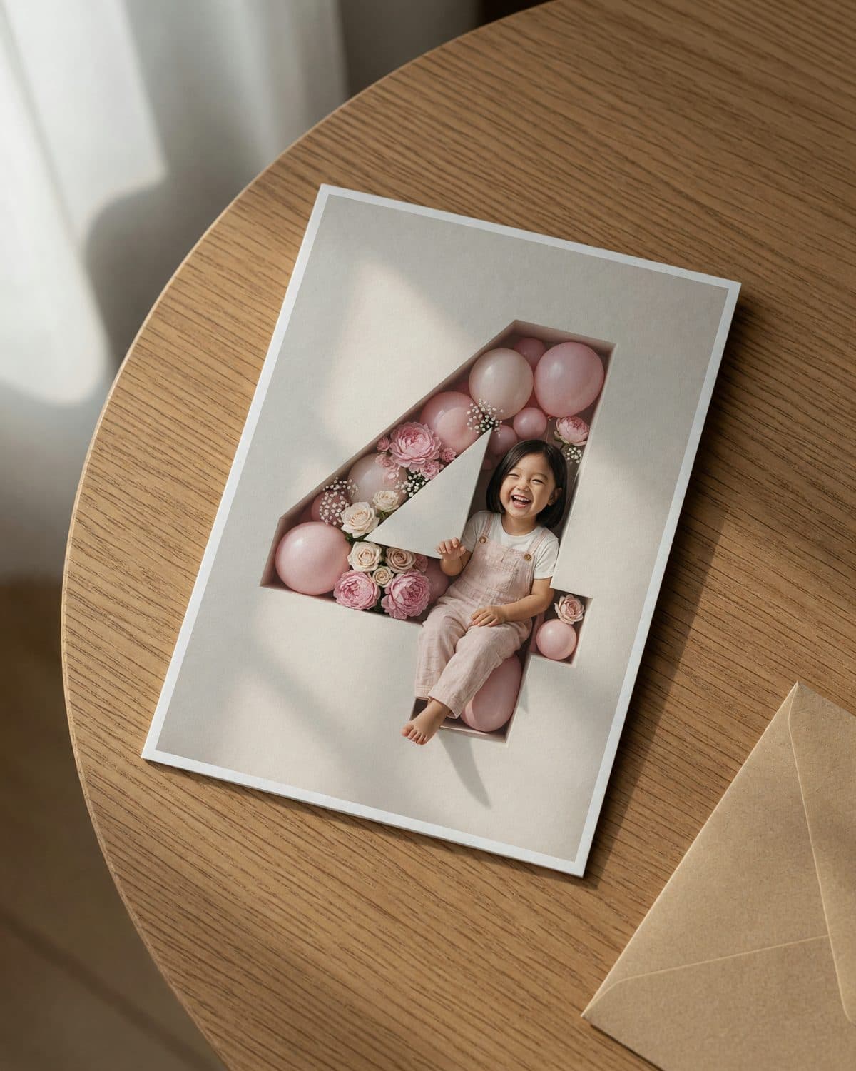 A printed garden-party invitation lying flat on a wooden table, seen from above.