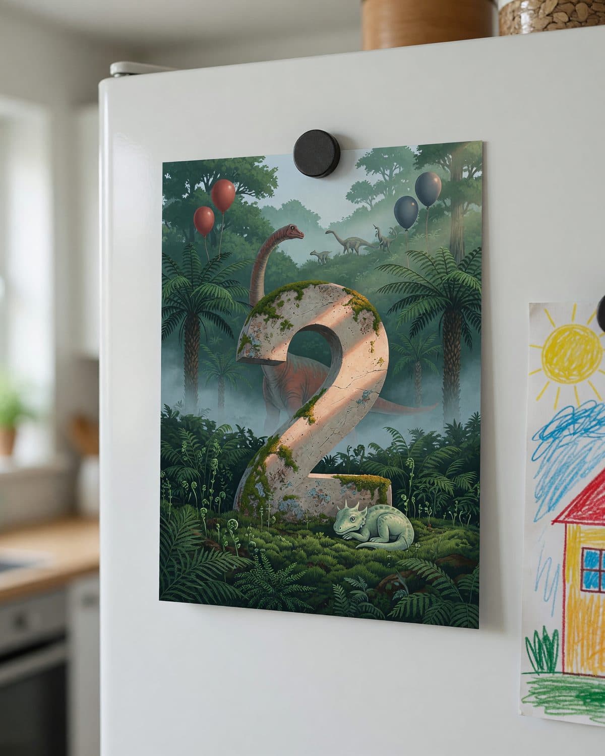 A printed dinosaur number invitation held to a fridge door by a small magnet.