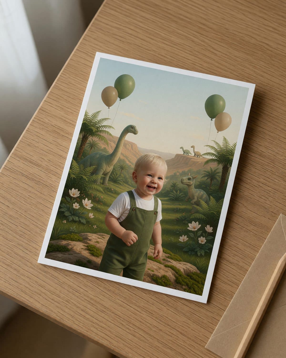 A printed dinosaur invitation lying flat on a wooden table, seen from above.