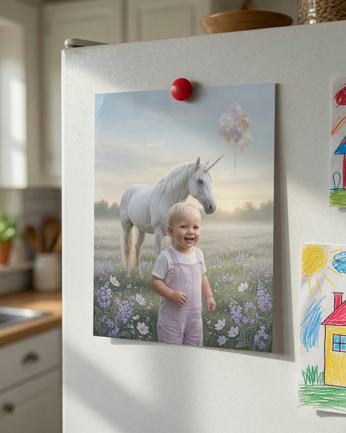 A printed unicorn invitation held to a fridge door by a small magnet.