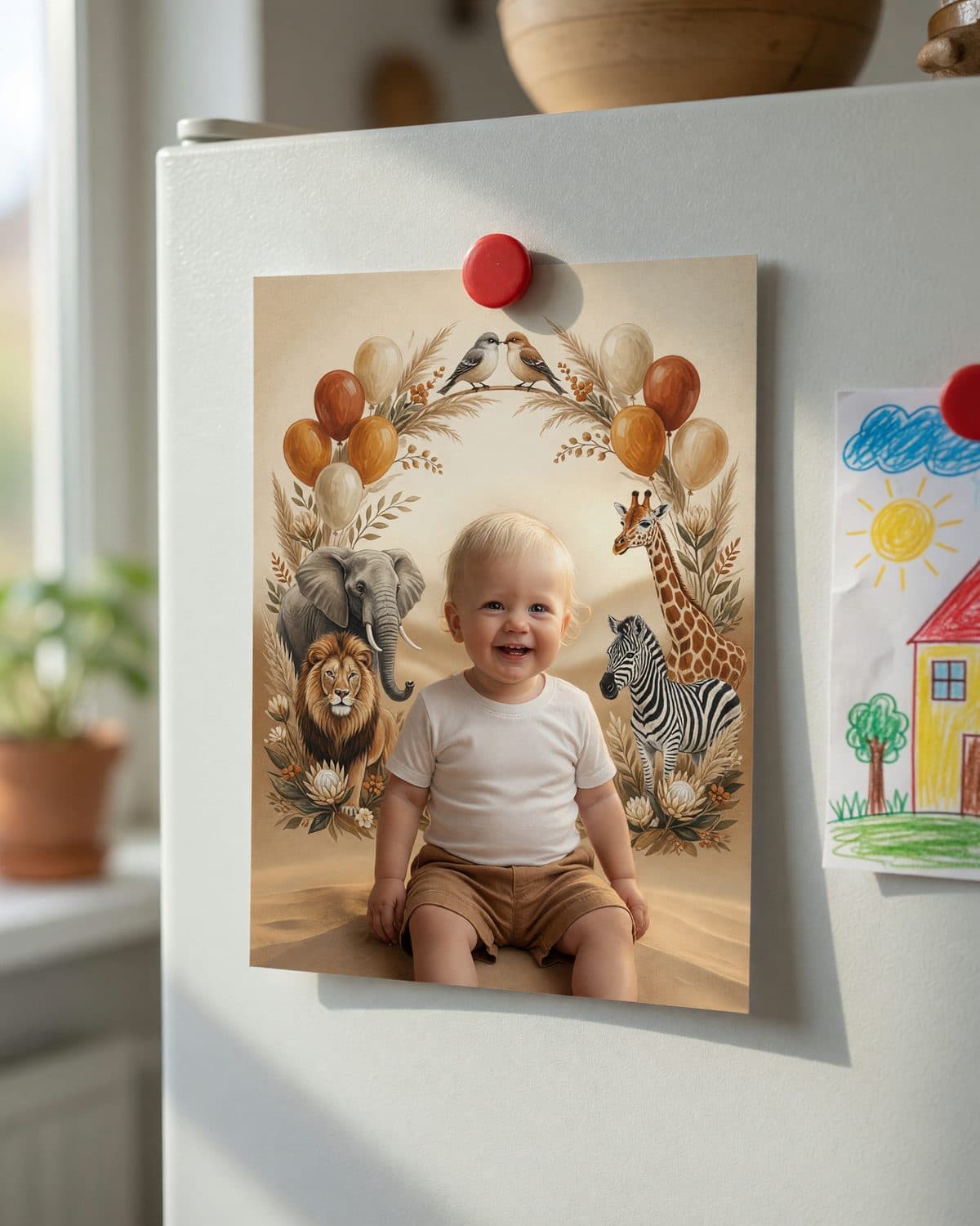 A printed wild one invitation held to a fridge door by a small magnet.