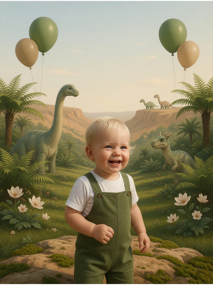 Gentle dinosaurs, far off in a sunlit fern valley.