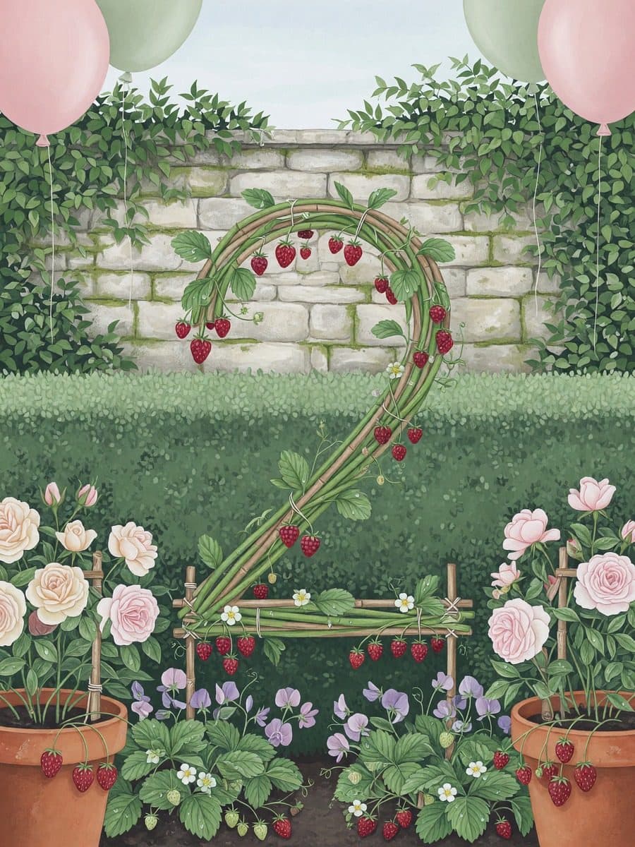 The birthday number, grown from berry canes and blossom.