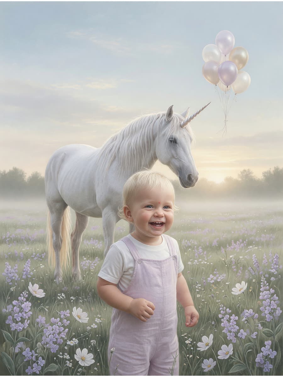 A white unicorn in a pale meadow at first light.